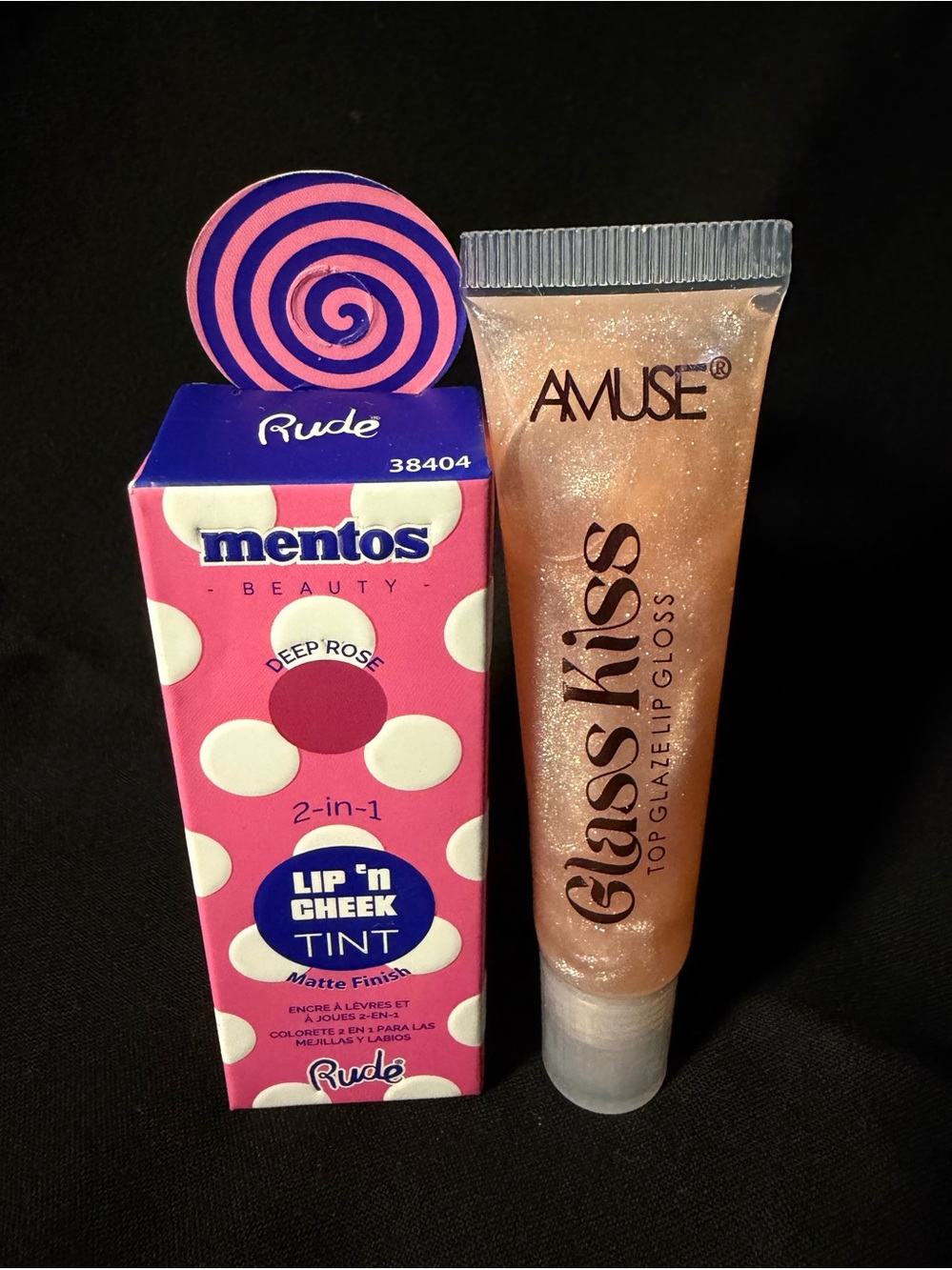 Amuse Glaze Lip Gloss - Shimmery Gold also Mentos Lip -n- Cheek Tint Rose